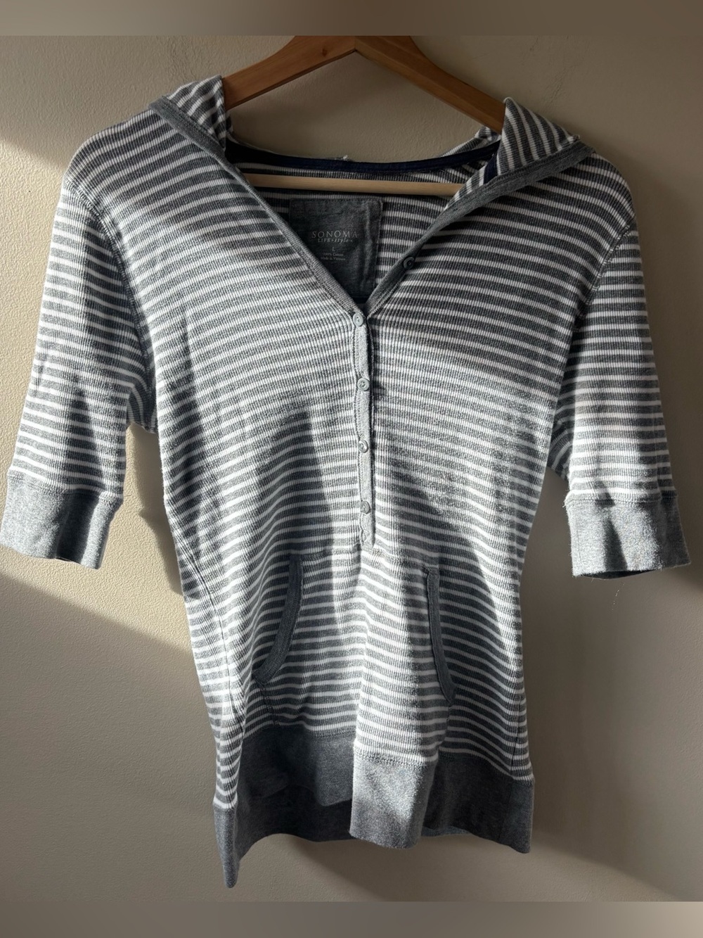 Sonoma Gray & White Striped Hooded Henley Sweater